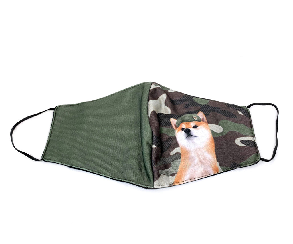 Camo Military Captain Shiba 3D Adult Mask with Filter Pocket, Adult Size, Khaki-Green